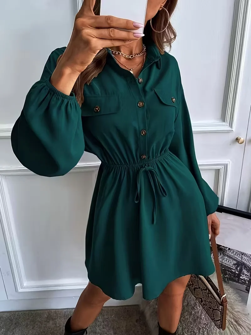 Damen Hemdblusen-Minikleid mit Tunnelzugtaillenband, Pattentaschen und Ballonärmeln Nord Taschen