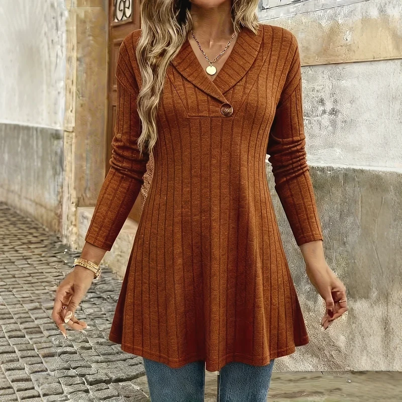 Damen Gestricktes A‑Linien‑Tunika‑Kleid mit Schalkragen und Zierknopf Nord Taschen