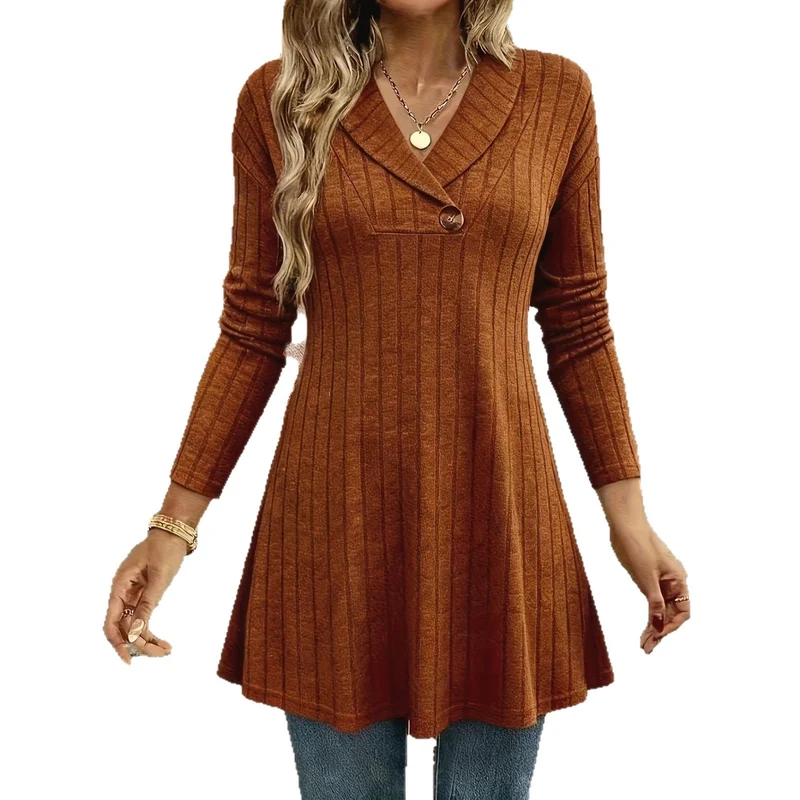 Damen Gestricktes A‑Linien‑Tunika‑Kleid mit Schalkragen und Zierknopf Nord Taschen