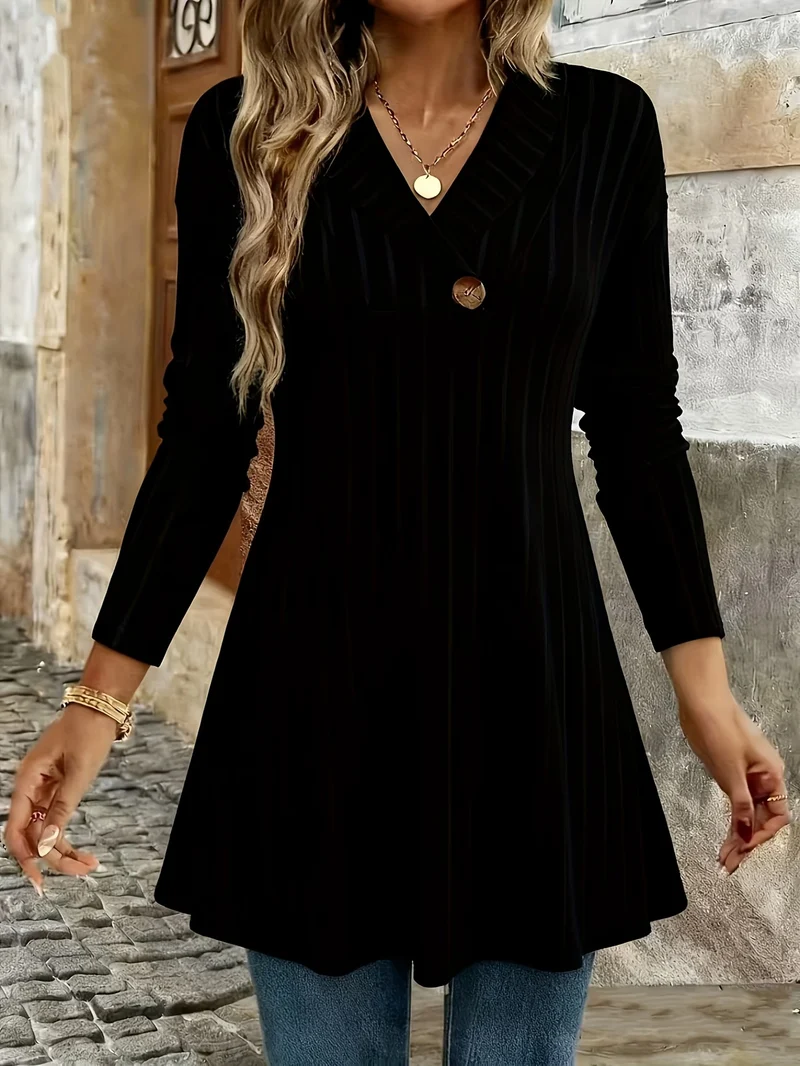 Damen Gestricktes A‑Linien‑Tunika‑Kleid mit Schalkragen und Zierknopf Nord Taschen