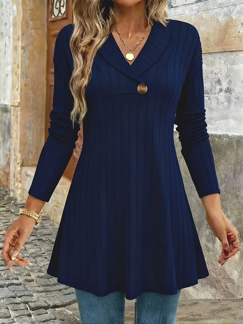 Damen Gestricktes A‑Linien‑Tunika‑Kleid mit Schalkragen und Zierknopf Nord Taschen