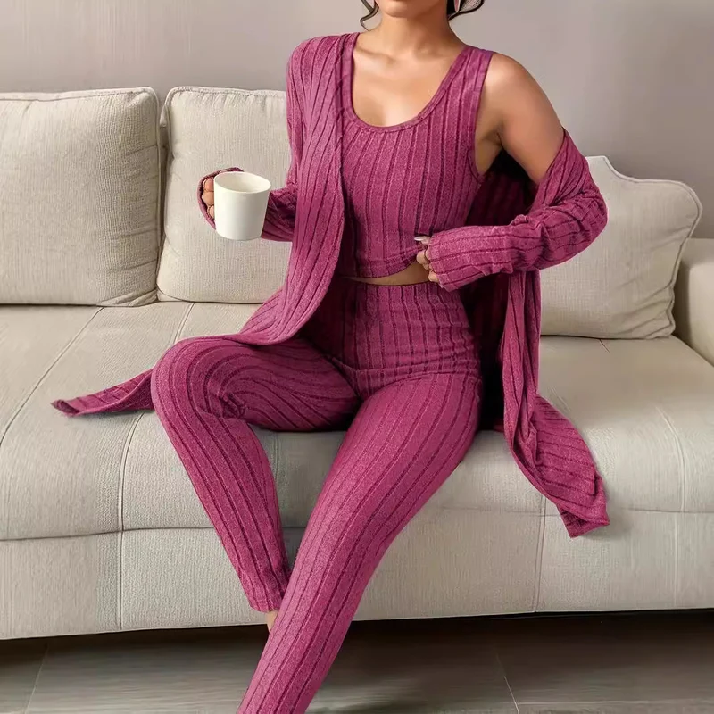 Damen Geripptes Lounge-Set mit Cropped-Top, High-Waist-Leggings und Longcardigan Nord Taschen