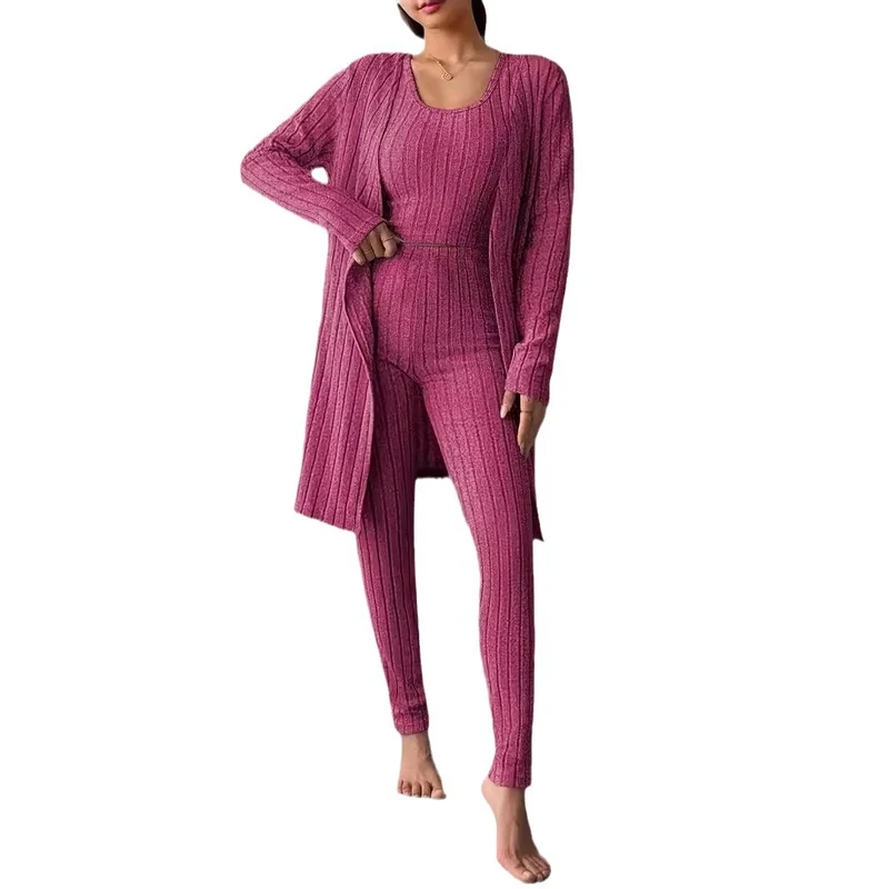 Damen Geripptes Lounge-Set mit Cropped-Top, High-Waist-Leggings und Longcardigan Nord Taschen
