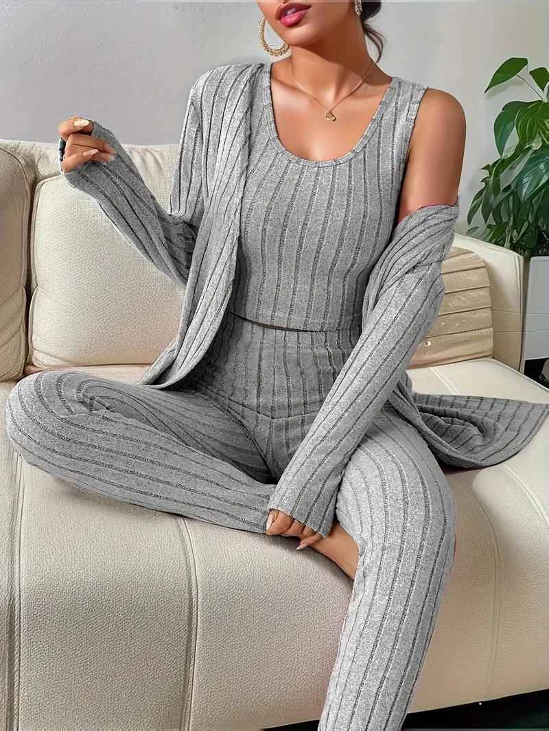 Damen Geripptes Lounge-Set mit Cropped-Top, High-Waist-Leggings und Longcardigan Nord Taschen
