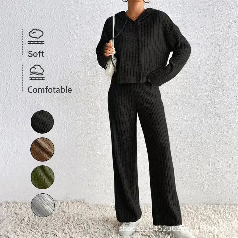 Damen Geripptes Kuschel-Lounge-Set aus Chenille mit Kapuzenpullover und weitem Hosenbein Nord Taschen