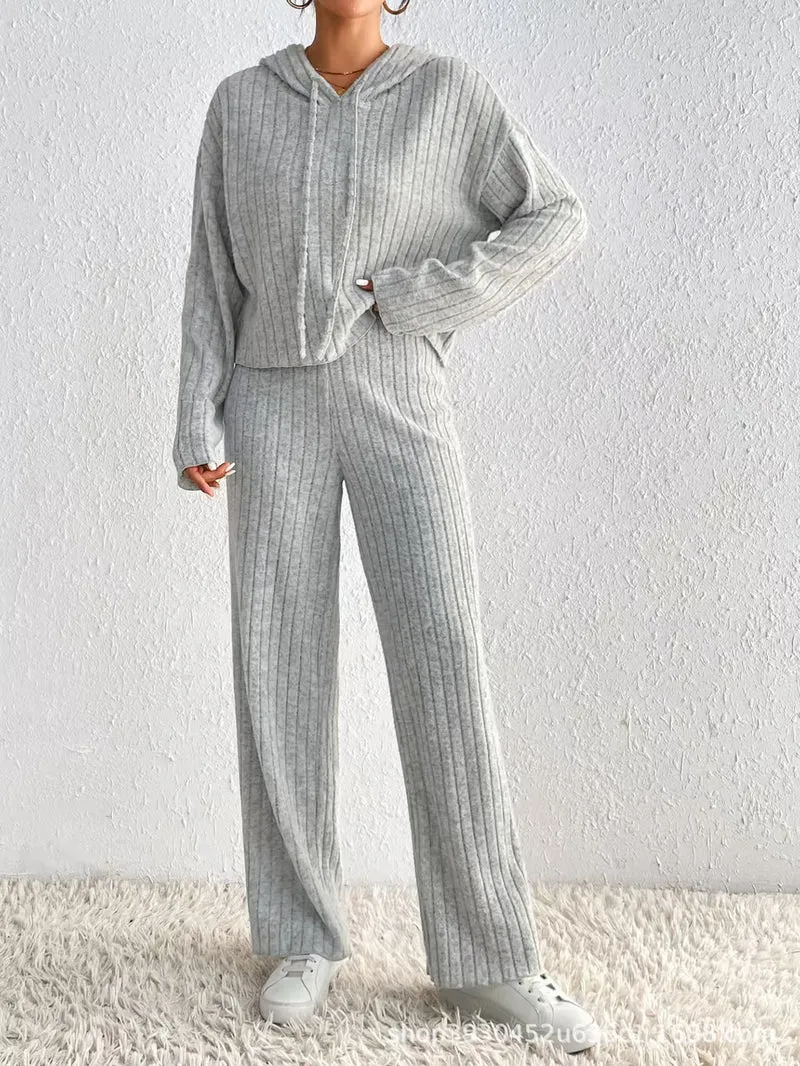 Damen Geripptes Kuschel-Lounge-Set aus Chenille mit Kapuzenpullover und weitem Hosenbein Nord Taschen