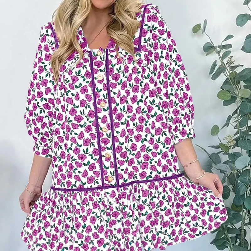Damen Florales Mini-Hemdkleid mit übergroßem Matrosenkragen Nord Taschen