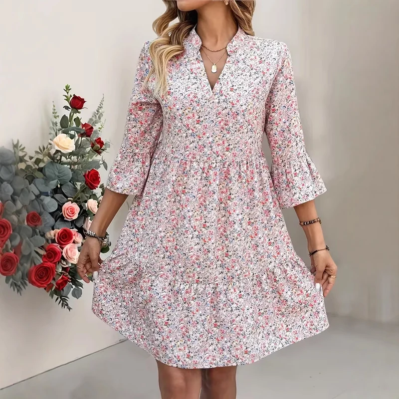 Damen Florales Babydoll-Kleid mit V-Ausschnitt, hohem Empire‑Bund und Glockenärmeln Nord Taschen
