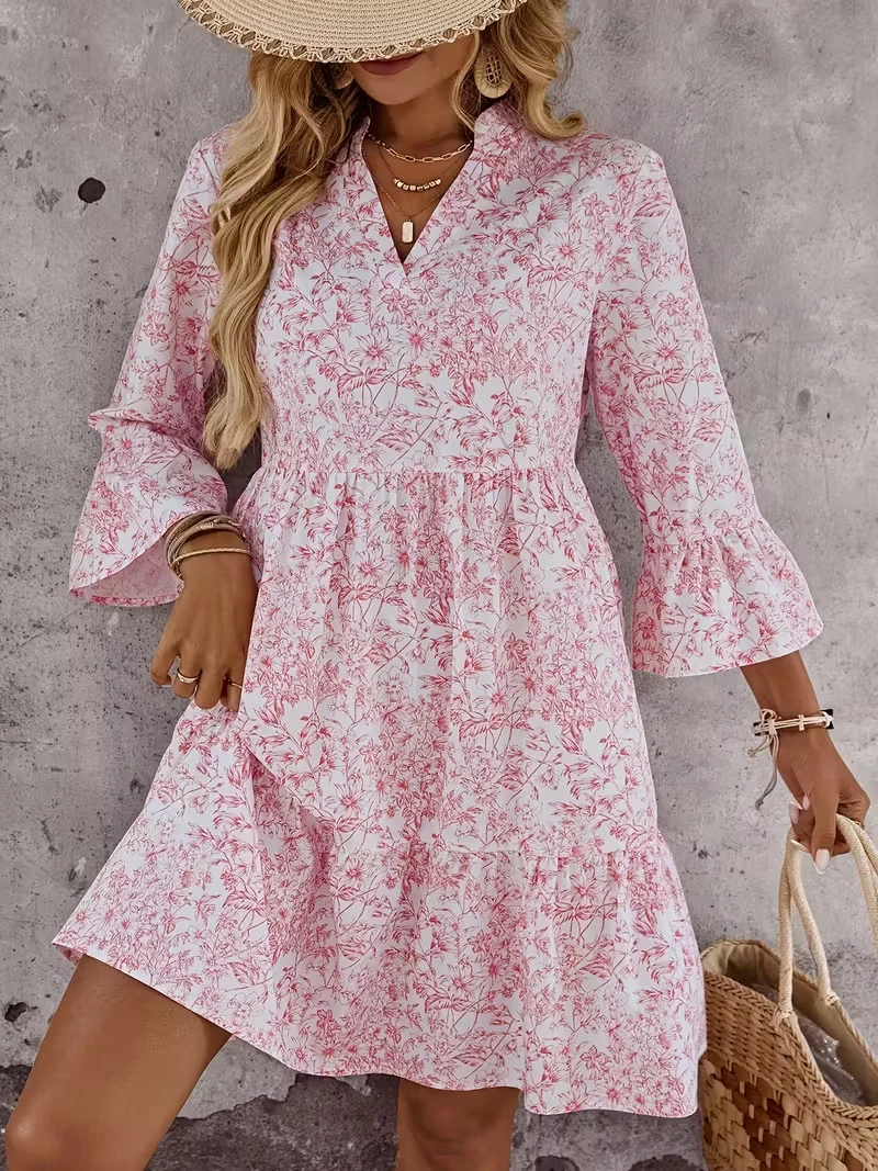 Damen Florales Babydoll-Kleid mit V-Ausschnitt, hohem Empire‑Bund und Glockenärmeln Nord Taschen