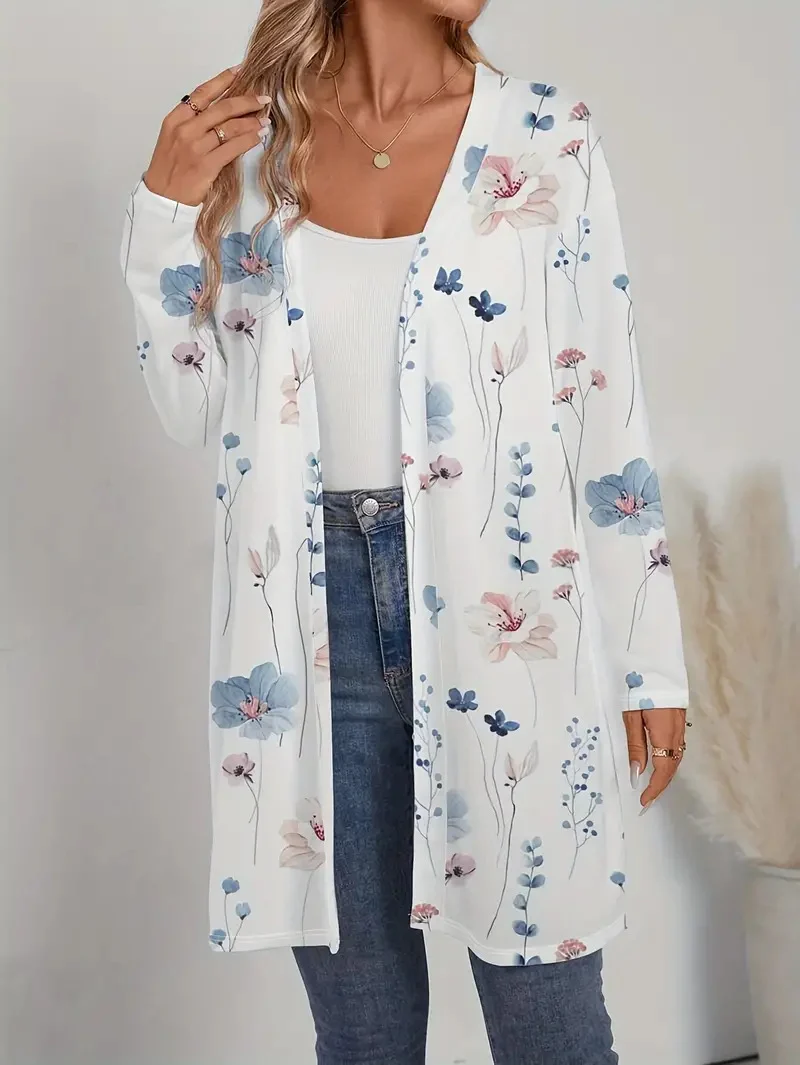 Damen Floraler Longline-Cardigan mit offenem Schnitt und leichtem Viskose-Mix Nord Taschen