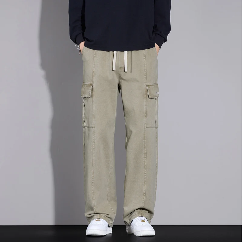 Herren Weite Cargo-Hose aus gewaschener Baumwolle mit Tunnelzug und Multifachtaschen Nord Taschen