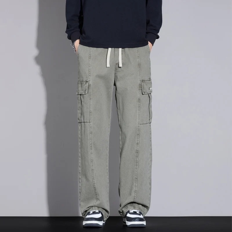 Herren Weite Cargo-Hose aus gewaschener Baumwolle mit Tunnelzug und Multifachtaschen Nord Taschen