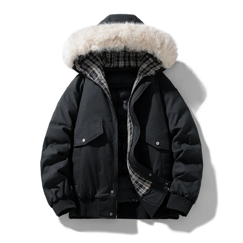Herren Wattierte Winterjacke mit Kunstpelz-Kapuze, gestepptem kariertem Innenfutter und Bomberbündchen Nord Taschen