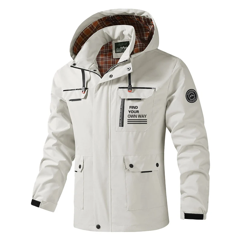 Herren Atmungsaktive wasserabweisende Kapuzen-Outdoorjacke mit kariertem Innenfutter, Multifunktions-Taschen & verstellbarer Kapuze Nord Taschen