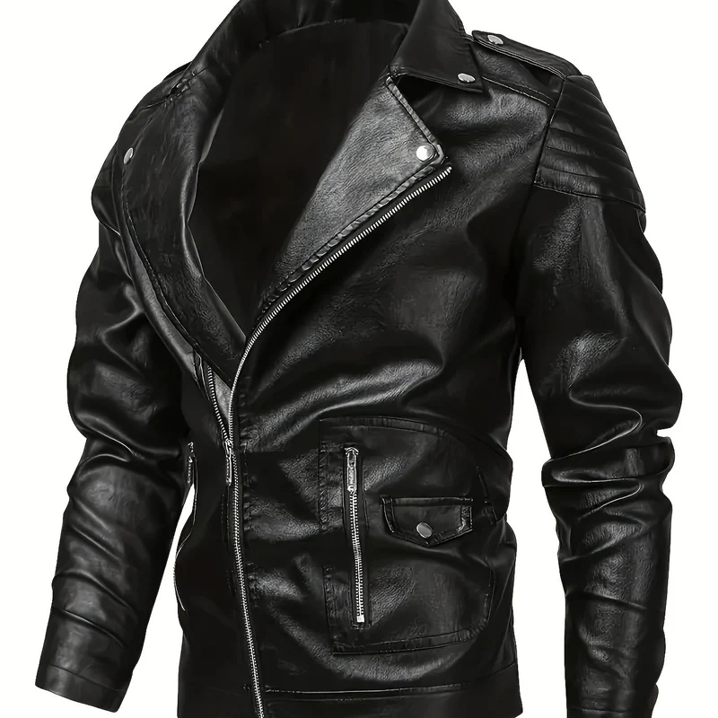 Herren Asymmetrische Bikerjacke aus Kunstleder mit gesteppten Schulterpaddings und Utility‑Taschen Nord Taschen