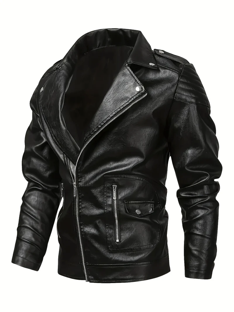 Herren Asymmetrische Bikerjacke aus Kunstleder mit gesteppten Schulterpaddings und Utility‑Taschen Nord Taschen