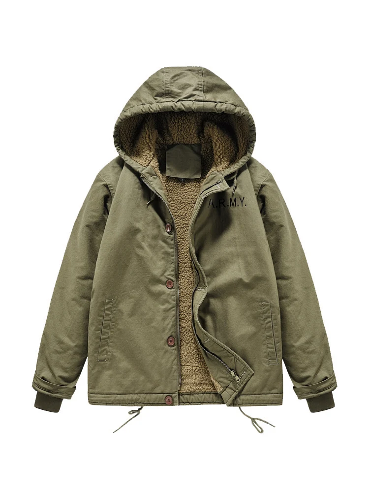 Herren Military-inspirierte Thermo-Kapuzenjacke mit Teddy‑Sherpa‑Futter und Kordelzug Nord Taschen
