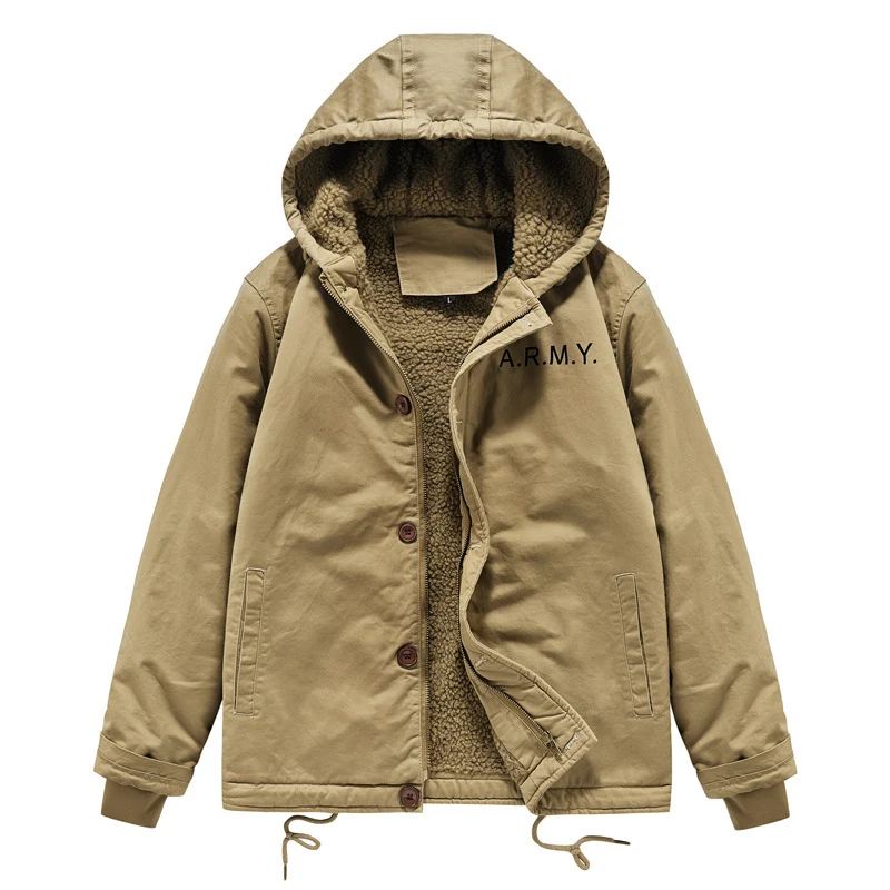 Herren Military-inspirierte Thermo-Kapuzenjacke mit Teddy‑Sherpa‑Futter und Kordelzug Nord Taschen