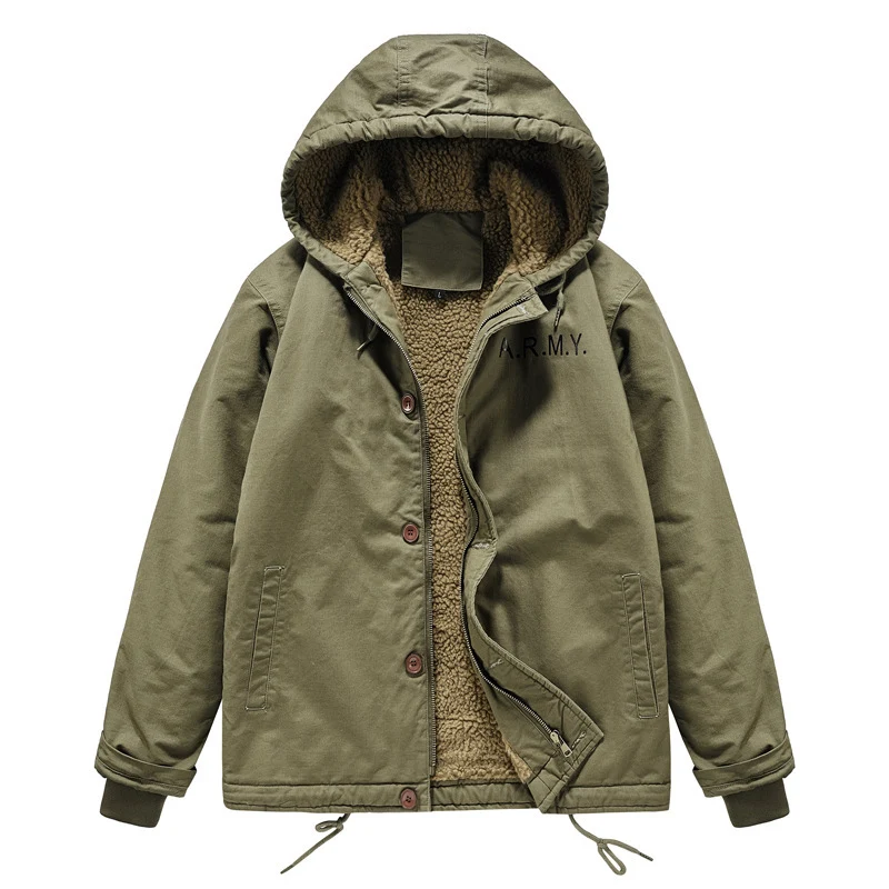 Herren Military-inspirierte Thermo-Kapuzenjacke mit Teddy‑Sherpa‑Futter und Kordelzug Nord Taschen
