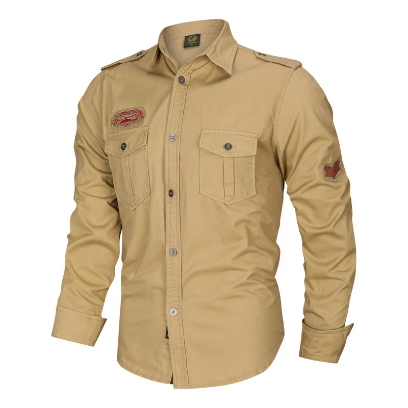 Herren Militärisches Baumwollhemd mit Schulterklappen, Pattentaschen und Stickpatches Nord Taschen