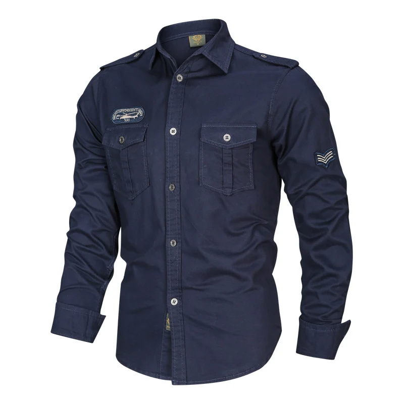 Herren Militärisches Baumwollhemd mit Schulterklappen, Pattentaschen und Stickpatches Nord Taschen