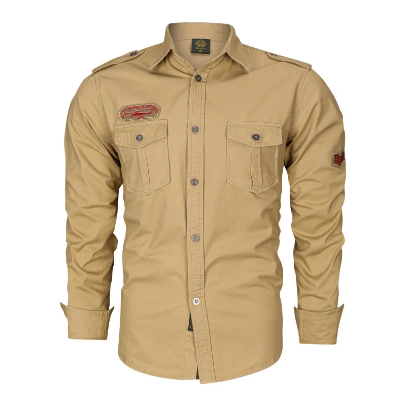 Herren Militärisches Baumwollhemd mit Schulterklappen, Pattentaschen und Stickpatches Nord Taschen