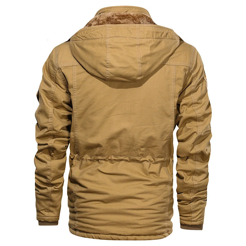 Herren Militärinspirierte Canvas-Fieldjacke mit Kapuze, Kordzug‑Taille und Fleece‑Innenfutter Nord Taschen