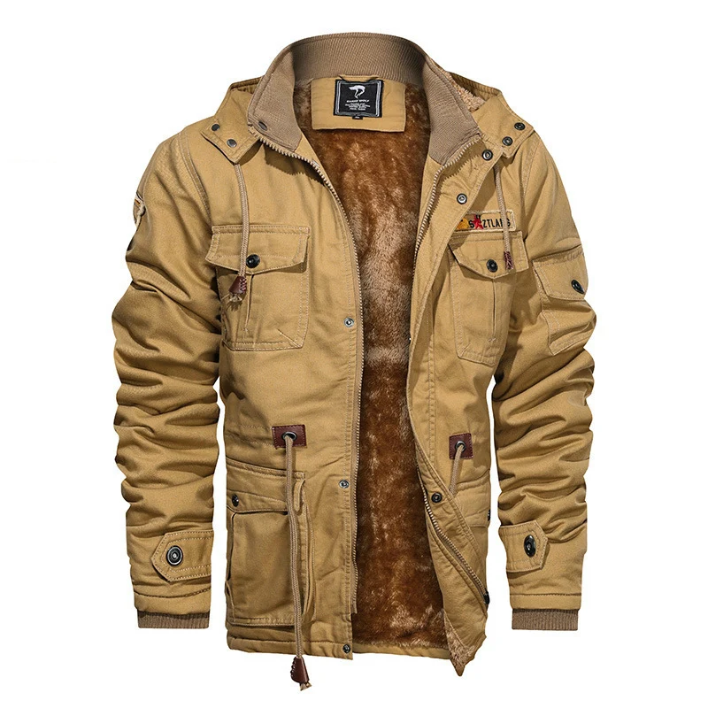 Herren Militärinspirierte Canvas-Fieldjacke mit Kapuze, Kordzug‑Taille und Fleece‑Innenfutter Nord Taschen