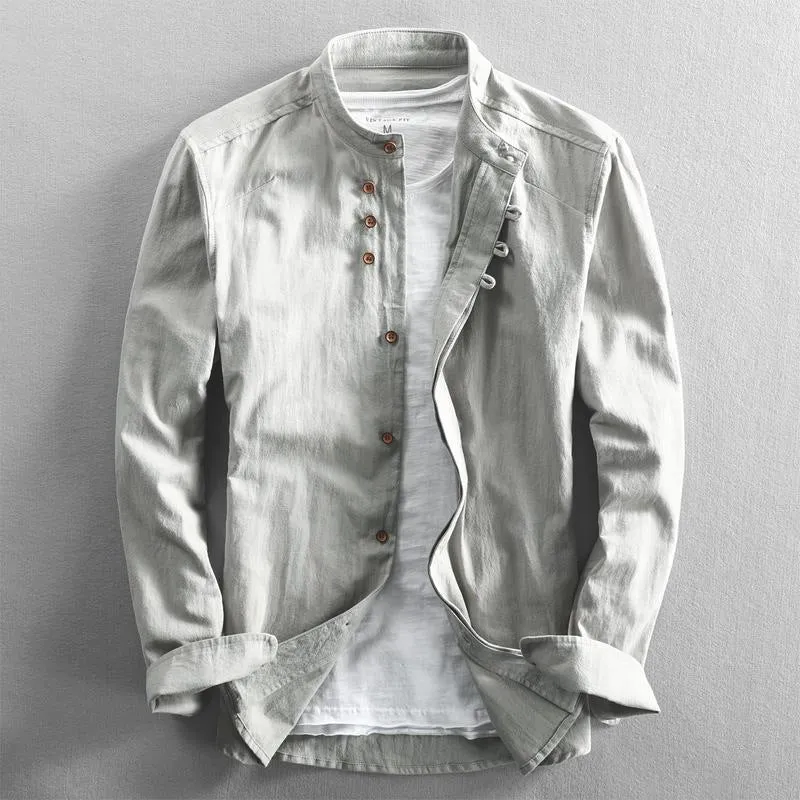 Herren Leichtes Baumwoll-Leinen Overshirt mit Stehkragen und Knopfleisten-Detail Nord Taschen