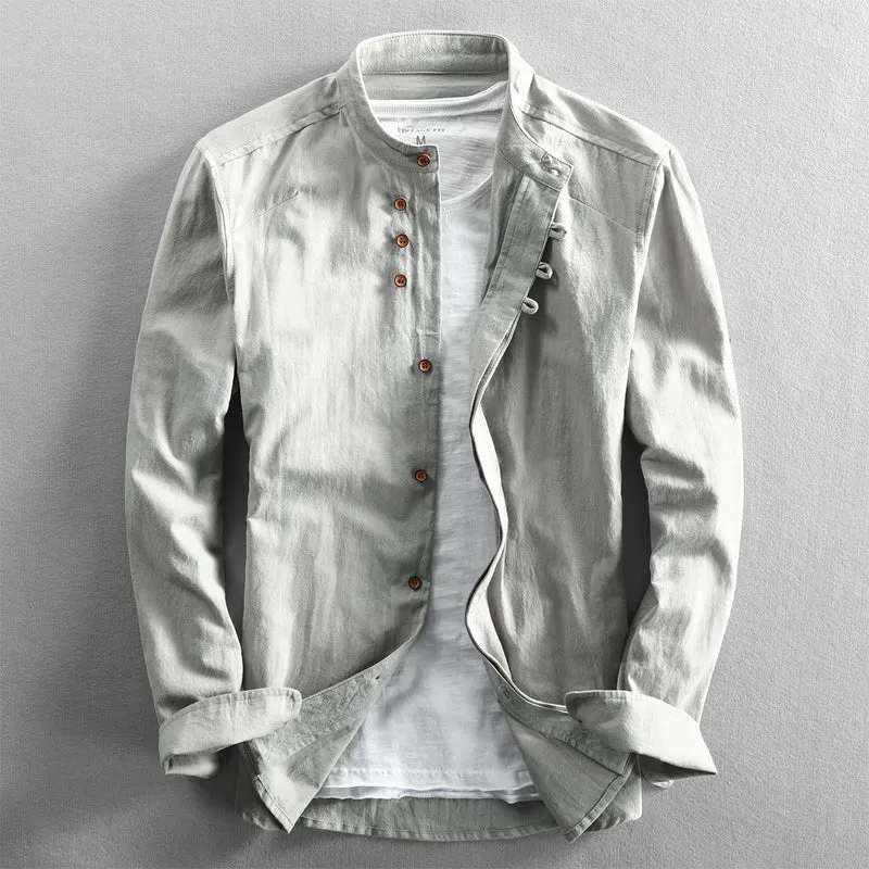 Herren Leichtes Baumwoll-Leinen Overshirt mit Stehkragen und Knopfleisten-Detail Nord Taschen