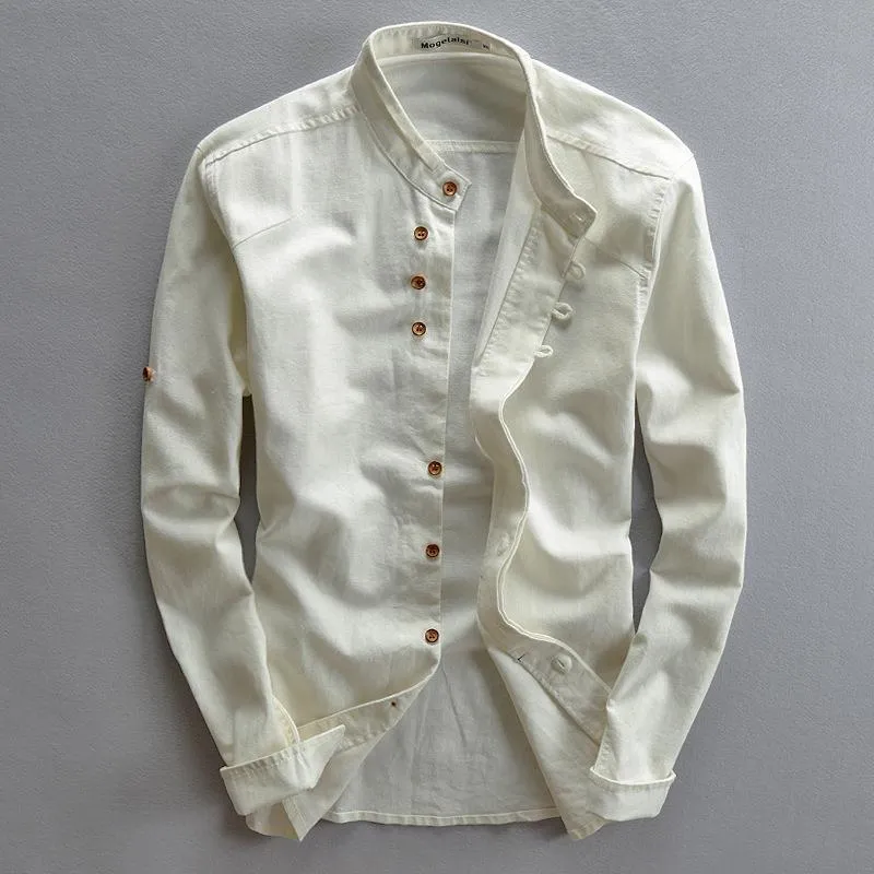 Herren Leichtes Baumwoll-Leinen Overshirt mit Stehkragen und Knopfleisten-Detail Nord Taschen