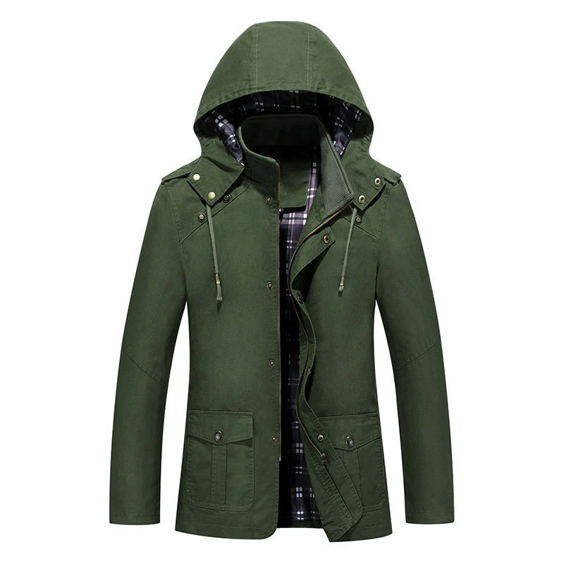 Herren leichter Kapuzen-Parka aus Canvas mit kariertem Innenfutter und Multifunktions‑Taschen Nord Taschen