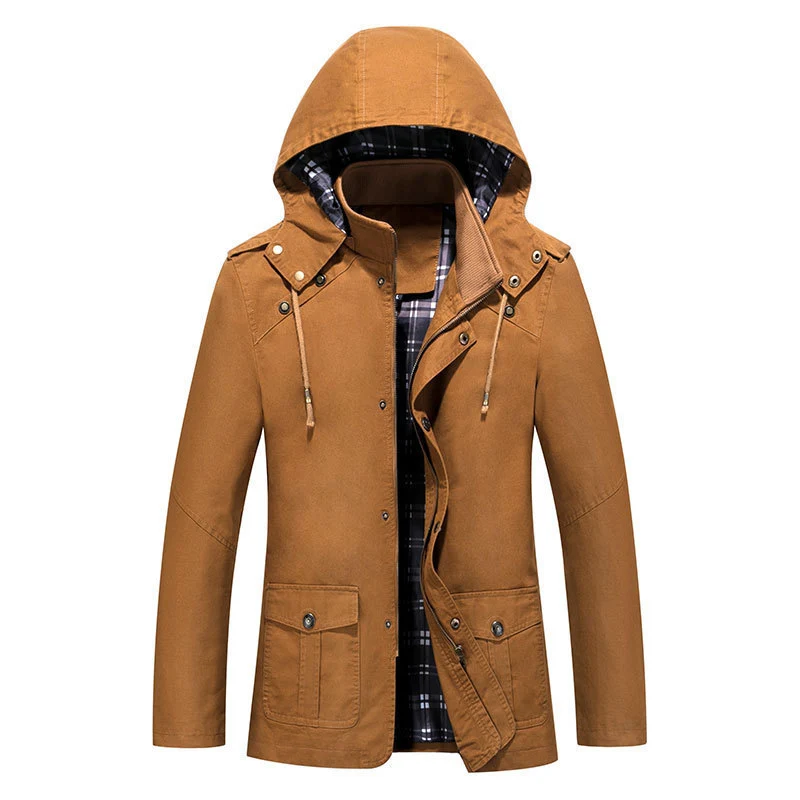 Herren leichter Kapuzen-Parka aus Canvas mit kariertem Innenfutter und Multifunktions‑Taschen Nord Taschen