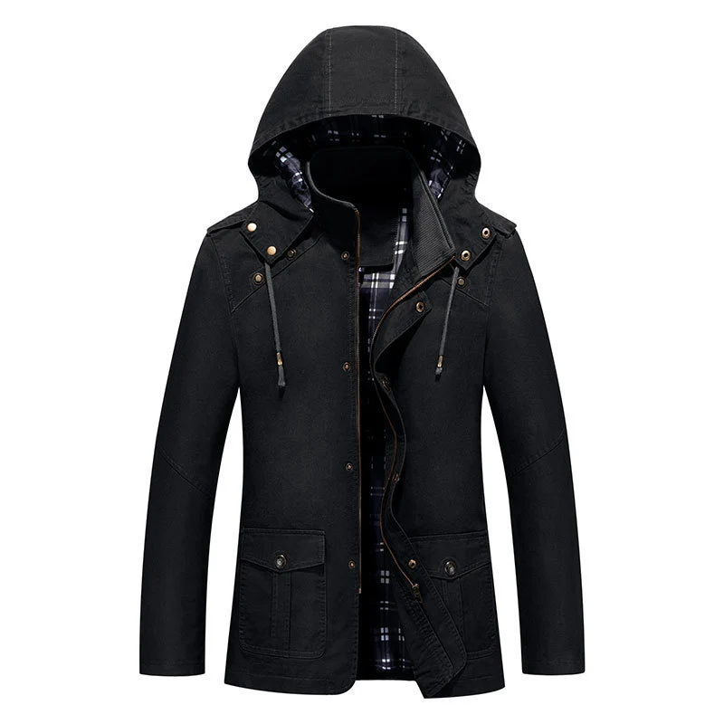 Herren leichter Kapuzen-Parka aus Canvas mit kariertem Innenfutter und Multifunktions‑Taschen Nord Taschen