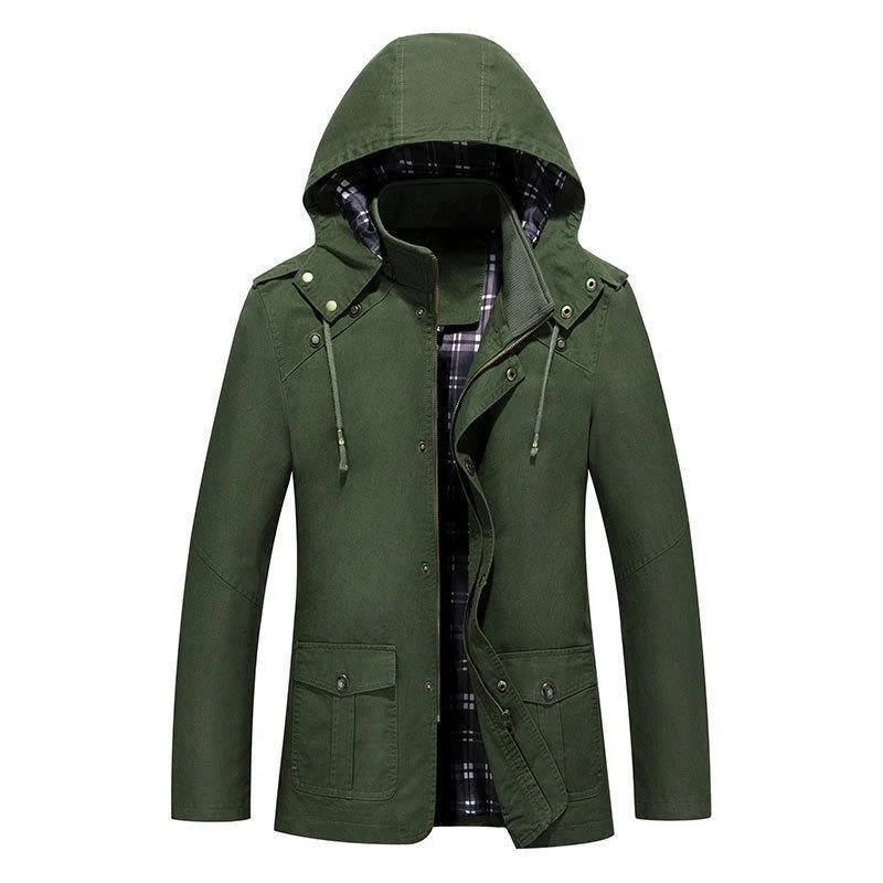 Herren leichter Kapuzen-Parka aus Canvas mit kariertem Innenfutter und Multifunktions‑Taschen Nord Taschen