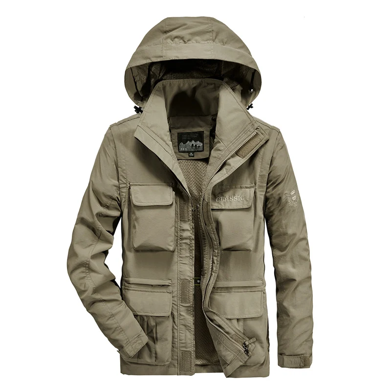 Herren leichter Fieldparka mit Kapuze, Multifunktionstaschen und atmungsaktivem Mesh‑Futter Nord Taschen