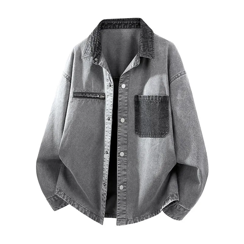 Herren Oversize Denim-Hemdjacke mit Kontrasttasche und Druckknopfleiste Nord Taschen