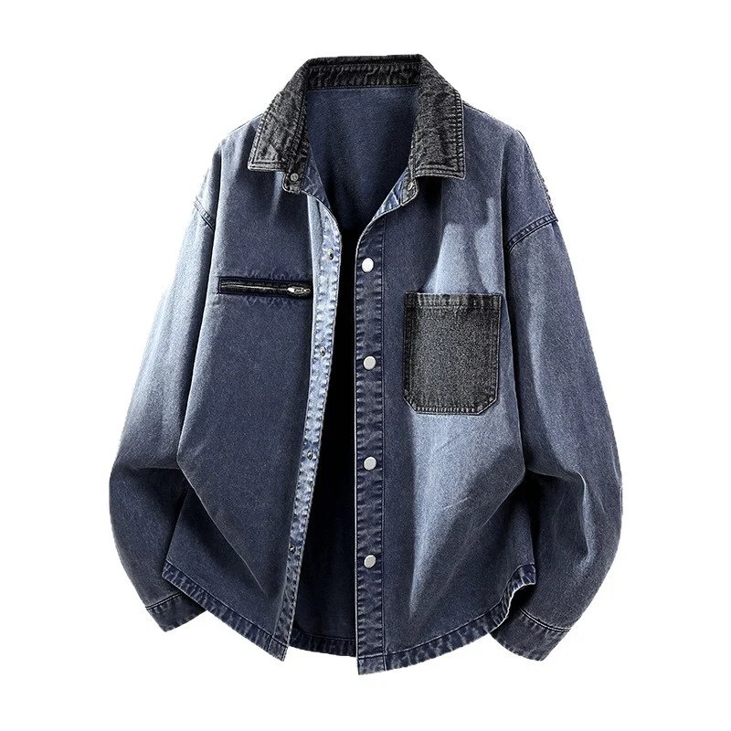 Herren Oversize Denim-Hemdjacke mit Kontrasttasche und Druckknopfleiste Nord Taschen