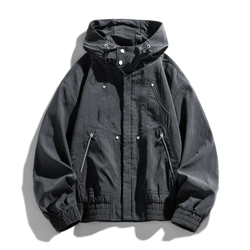 Herren Oversize Canvas-Utility-Kapuzenjacke mit versteckter Druckknopfleiste und Reißverschlusstaschen Nord Taschen