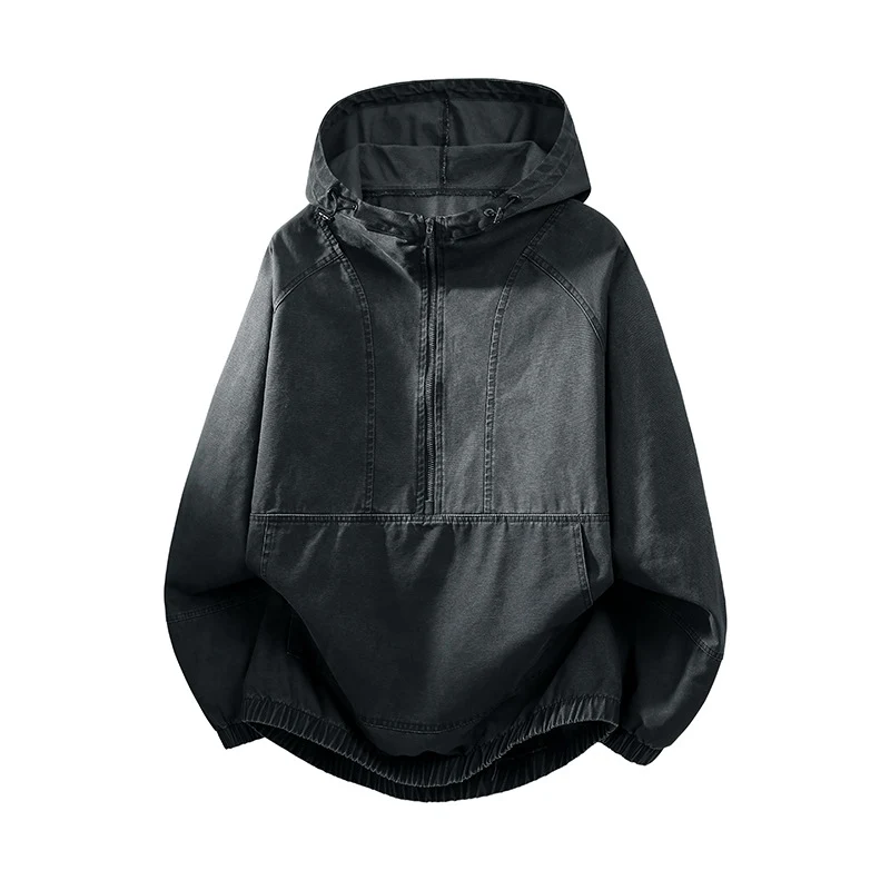 Herren Oversize Canvas-Halbzip-Kapuzenanorak mit Kängurutasche und elastischem Saum Nord Taschen