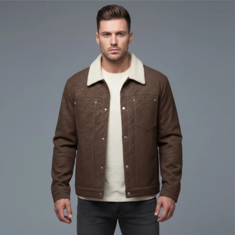 Herren Lässige Sherpa-gefütterte Truckerjacke mit Kunstfellkragen Nord Taschen