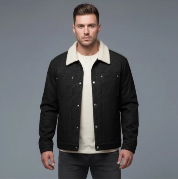 Herren Lässige Sherpa-gefütterte Truckerjacke mit Kunstfellkragen Nord Taschen