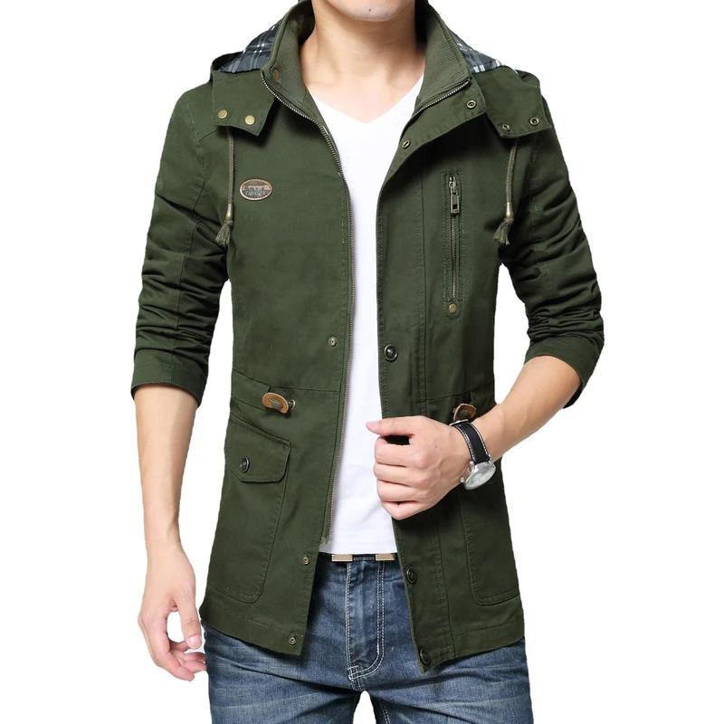 Herren leichter Baumwoll-Militärparka mit Kapuze, Kordzug-Taille und verdeckter Reißverschluss Nord Taschen