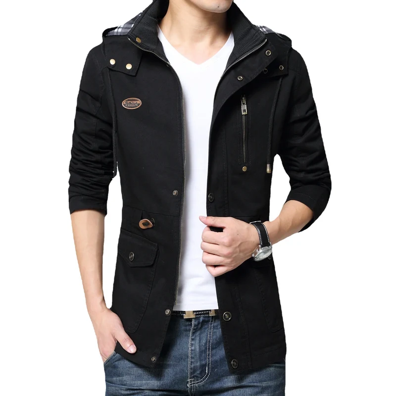 Herren leichter Baumwoll-Militärparka mit Kapuze, Kordzug-Taille und verdeckter Reißverschluss Nord Taschen