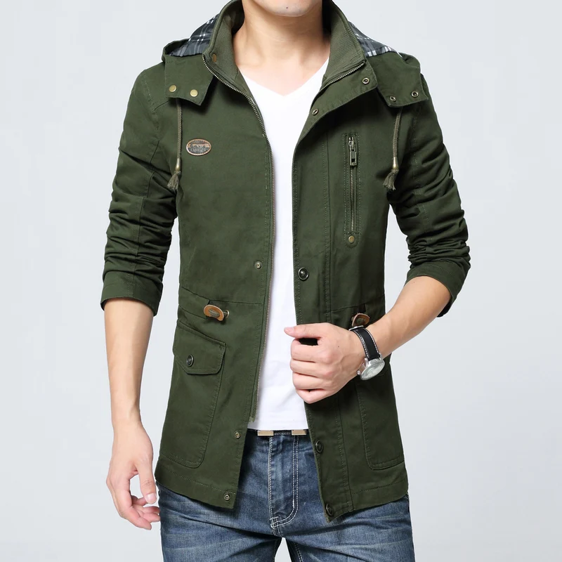 Herren leichter Baumwoll-Militärparka mit Kapuze, Kordzug-Taille und verdeckter Reißverschluss Nord Taschen