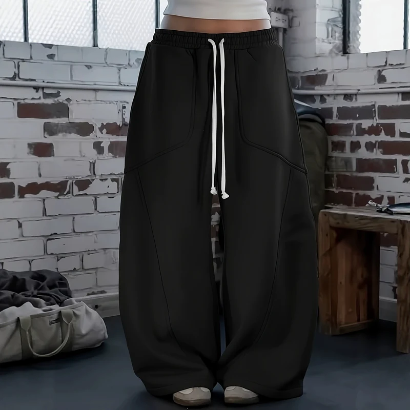 Damen Weite Baggy-Sweatpants mit hohem Elastikbund, Kordelzug und Teilungsnähten Nord Taschen