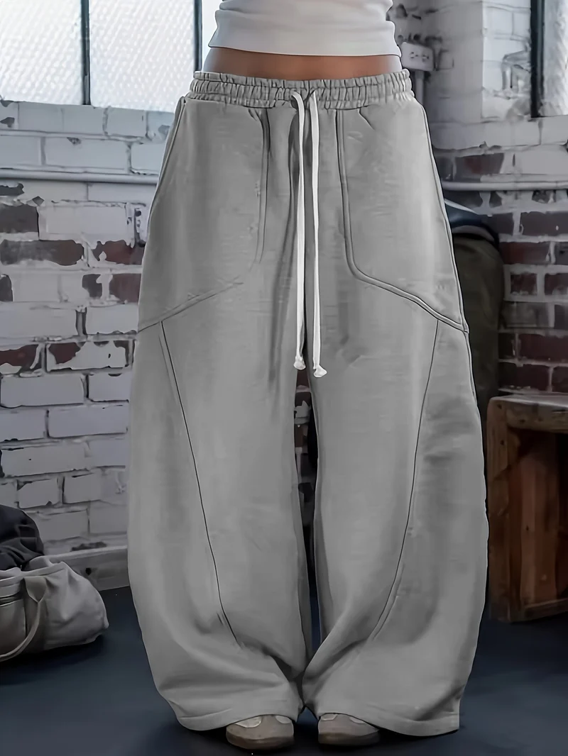 Damen Weite Baggy-Sweatpants mit hohem Elastikbund, Kordelzug und Teilungsnähten Nord Taschen