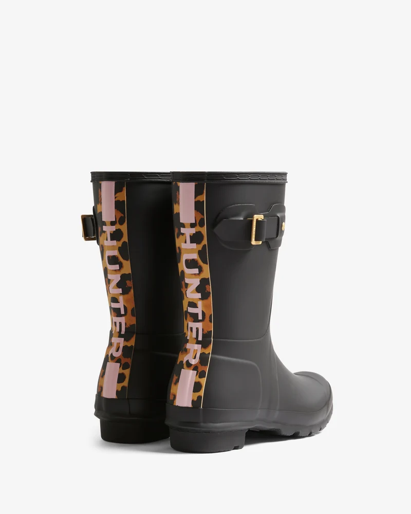 Leopard Print Backstrap Short Wellington Gummistiefel Schwarz (Damen)