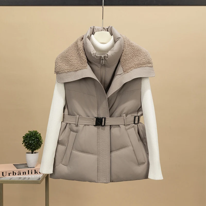 Damen nan wattierte Steppweste mit Strickärmeln und Teddykragen tailliertem Gürtel Nord Taschen
