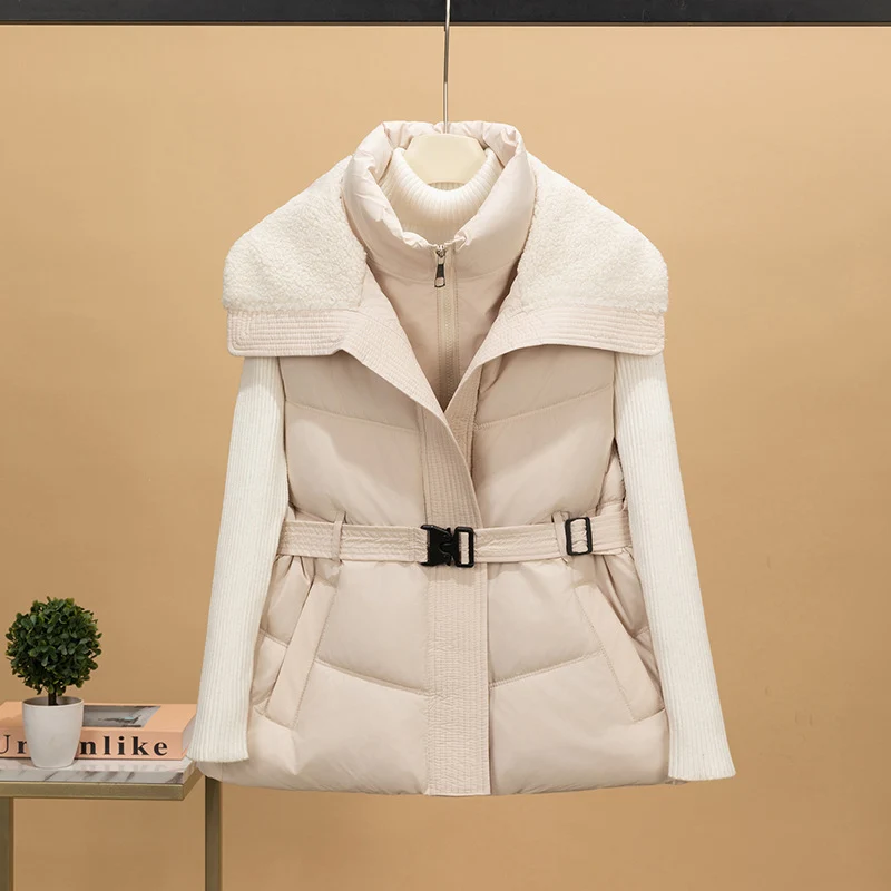 Damen nan wattierte Steppweste mit Strickärmeln und Teddykragen tailliertem Gürtel Nord Taschen